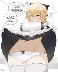 1girls 2023 ? aether_(genshin_impact) apron belly_button blonde_hair blush bow_panties english_text eroborne female from_below genshin_impact gloves hi_res hips inviting jean_gunnhildr lifted_by_self light-skinned_female light_skin light_smile long_hair looking_down maid maid_uniform male_pov mind_control navel panties purple_eyes seductive skirt_lift skirt_up smile solo standing text thighhighs waist white_legwear white_panties white_thighhighs wide_hips