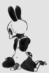 anthro armless balls bone dark_skin dpbleu furry genitals humanoid lagomorph leporid looking_aside looking_away male male_only mammal monochrome navel necktie notel_notamy_(starrberry) penis rabbit simple_background sitting skeleton skull solo tagme white_background