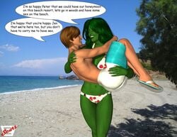 1boy 1girls 3d 3d_(artwork) beach bikini brown_hair carrying couple dazstudio dialogue ernest_scott female flip_flops funny green-skinned_female green_eyes green_hair green_skin hulk_(series) husband imfamouse larger_female long_hair male married marvel marvel_comics peter_parker sandals she-hulk short_hair smaller_male speech_bubble spider-man_(series) straight summer superhero superheroine swimming_trunks tall thighs voluptuous walking wide_hips wife