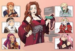 6+girls 7girls blonde_hair blush bramblefix brown_hair classroom dialogue dorothea_arnault edelgard_von_hresvelg english_text female female_only fire_emblem fire_emblem:_three_houses hilda_valentine_goneril ingrid_brandl_galatea leonie_pinelli long_hair mercedes_von_martritz multiple_girls nintendo orange_hair petra_macneary pink_hair post-timeskip sex_education sex_toy strap-on teaching text white_hair