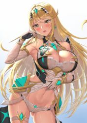 1girls bangs bare_shoulders blonde_hair blush breasts chest_jewel cleavage cowboy_shot dress dress_lift earrings eyebrows_visible_through_hair female gem gloves gradient gradient_background grey_background highres hikari_(xenoblade_2) jewelry large_breasts long_hair mythra navel nintendo panties skirt skirt_pull solo sssemiii sweat swept_bangs thigh_strap tiara underwear very_long_hair wet white_background white_dress white_gloves white_panties xenoblade_(series) xenoblade_chronicles_2 yellow_eyes