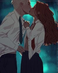 1boy 1girls assisted_exposure blonde_hair blush blushing closed_eyes clothed clothed_female clothed_male clothing draco_malfoy elithien female fully_clothed gryffindor harry_potter hermione_granger hogwarts hogwarts_school_uniform human human_only inter-house kiss kissing long_hair male male_on_top necktie open_clothes open_shirt pants pleated_skirt schoolgirl shirt short_hair side_view skirt slytherin slytherin_dungeon standing straight student tie unbuttoned_shirt undressing undressing_another undressing_partner white_shirt