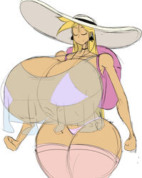 1girls ass backpack bikini bikini_bottom bikini_top blonde_hair breasts busty cleavage closed_eyes clothing cream_vanilla curvy earrings eyelashes female female_only gigantic_breasts hair hat huge_ass huge_breasts jewelry light-skinned_female light_skin long_hair milf mother original original_character partially_clothed pink_bikini queen_of_spades see-through see-through_clothing simple_background smile solo solo_female spade_earrings standing sun_hat tasteofchoklit thick_thighs thighhighs thin_waist white_background