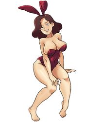 brown_hair bunny_ears bunny_girl bunnysuit bursting_breasts hilda_(series) johanna_(hilda) milf pokpa seductive shluv98bu short_hair thick_thighs white_background