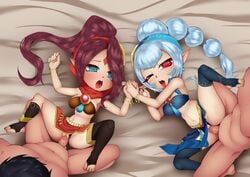 2boys 2girls accessory blue_eyes blue_hair chromodomo earrings elf_ears facepaint gold_jewelry hand_holding headband legs_up legwear missionary_position orgasm orgasm_face pointy_ears ponytail red_eyes red_hair skirt_lift spread_legs summoners_war topwear twins