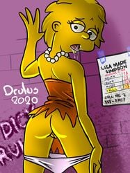 against_wall alley ass cheap drool drooling drules_(artist) female hand_on_wall lifted_dress lisa_simpson looking_at_viewer looking_back looking_over_shoulder open_mouth panties panties_around_legs panties_down pearl_necklace price pricelist prostitution pussy the_simpsons tongue_out yellow_body