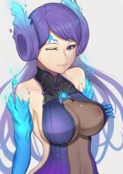 1girls blue_hair brighid_(xenoblade) gatchan large_breasts long_hair nintendo nipple_peek solo wink xenoblade_(series) xenoblade_chronicles_2