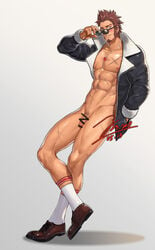 1boy abs alternate_costume bara beard blue_eyes brown_hair censored character_name chest commentary_request crossed_legs facial_hair fate/grand_order fate_(series) flaccid full_body jacket jewelry jin_(sirius-j) leaning_back long_sleeves looking_at_viewer male_focus muscle naked_jacket napoleon_bonaparte_(fate) necklace open_clothes pectorals penis scar shoes simple_background smile solo sunglasses