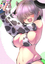 1girls big_breasts blinding_bangs blush cow_bikini cow_ears cow_print female gloves grey_hair hair_over_eyes isshitaira large_breasts pale-skinned_female pale_skin short_hair smile uzaki-chan_wa_asobitai! uzaki_yanagi