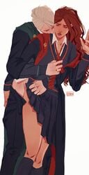 1boy 1girls ambiguous_penetration blonde_hair closed_eyes clothed clothing draco_malfoy elithien eyes_closed fanon_couple female groping_from_behind gryffindor harry_potter hermione_granger hogwarts_school_uniform knee_high_socks knee_highs kneehighs kneesocks legs long_hair male mouth_open necktie open_mouth pants pants_down pants_open schoolgirl short_hair simple_background skirt skirt_lift skirt_up slytherin socks standing standing_sex straight student tie white_background