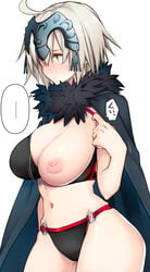 ... 10mo ahoge bikini bikini_pull black_bikini blush breasts coat fate/grand_order fate_(series) female fur-trimmed_coat fur_trim headpiece highres jeanne_alter jeanne_d'arc_(alter)_(fate) jeanne_d'arc_(alter_swimsuit_berserker) jeanne_d'arc_(fate)_(all) large_breasts navel nipples o-ring o-ring_bikini o-ring_bottom one_breast_out shiny shiny_skin short_hair skindentation solo speech_bubble swimsuit white_background yellow_eyes