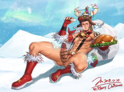 1boy abs alternate_costume anus ass bara blue_eyes boots breath brown_hair censored chest christmas cup deer_boy drinking_glass erection facial_hair fate/grand_order fate_(series) food full_body gloves goatee jin_(sirius-j) looking_at_viewer lying male_focus manly muscle napoleon_bonaparte_(fate) navel nipples on_back pectorals penis pouring_onto_self revealing_clothes santa_boots santa_costume santa_gloves scar smile solo