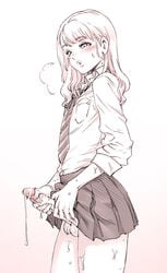 1boy aian balls blonde_hair blush crossdressing cute erection femboy looking_at_viewer male male_only masturbation no_panties penis penis_grab penis_under_clothes precum precum_drip school_uniform shirt sissy skirt solo sweat testicles tie trap