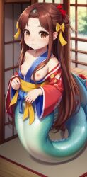 ai_generated brown_hair cute dave_the_diver freckles kimono mermaid niamo shrine_maiden