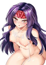 breasts cum cum_on_body cum_on_breasts cum_on_upper_body female fire_emblem fire_emblem:_path_of_radiance fire_emblem:_radiant_dawn headband kaorihero long_hair nintendo nipples nude open_mouth purple_hair red_headband sanaki_kirsch_altina simple_background solo white_background yellow_eyes