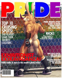 4:5 anthro anus ass balls clothing cover dream_and_nightmare english_text fence furry genitals hat headgear headwear hi_res lagomorph leporid magazine_cover male male_only mammal pride_colors rabbit rick_(dream_and_nightmare) solo text