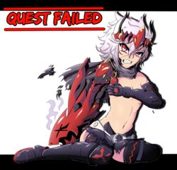 1girls angry battle_damage clothing_damage covering_breasts defeated dragon dragon_arm dragon_marked_for_death empress_(dmfd) enf female female_only flat_chest gritting_teeth inti_creates kneeling littlepengo lost_clothes metalkaiser red_eyes red_scales scar short_hair sitting smoke topless torn_clothes white_hair