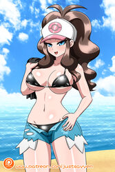 1girls big_breasts bikini blue_eyes blush brown_hair eye_contact female female_only hat hilda_(pokemon) human human_only large_breasts long_hair looking_at_viewer minishorts nintendo pale-skinned_female pale_skin pokemon pokemon_bw ponytail shorts solo thick_thighs thighs wide_hips yensh