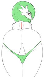 1boy anthro anthrofied anus ass balls balls_in_thong big_ass bulge eye_contact eyeshadow femboy gardevoir green_hair green_skin looking_at_viewer looking_back male male_focus male_gardevoir male_only male_pokemon nintendo penis_bulge pokemon pokemon_(species) pokemon_rse red_eyes sealguy short_hair solo solo_male testicles thick_thighs thighs white_background white_skin