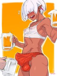 1boy balls beer bulge dark-skinned_femboy dark-skinned_male dark_skin erect_nipples erection erection_under_clothes femboy femboy_hooters girly hair_over_eyes kuroino_(0kuro8ino6) male male_only nipples original penis penis_under_clothes testicles zai_(kuroino)