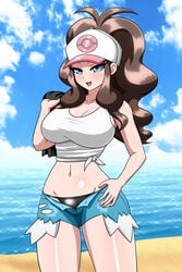 1girls big_breasts blue_eyes blush brown_hair eye_contact female female_only hat hilda_(pokemon) human human_only large_breasts long_hair looking_at_viewer minishorts nintendo pale-skinned_female pale_skin pokemon pokemon_bw ponytail shorts solo thick_thighs thighs wide_hips yensh