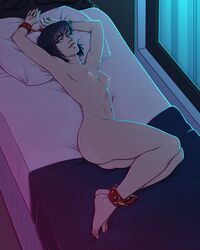 1girls ami_nsfw ankle_cuffs armpits arms_up ass blue_eyes bondage breasts cuffed female female_only ghost_in_the_shell handcuffed handcuffs kateami kusanagi_motoko legs looking_at_viewer lying_on_bed nipples nude pillow purple_hair solo thighs tied_up