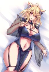 1girl ahoge animal_ear_fluff animal_ears babydoll bangs bed_sheet blonde_hair blush breasts cat_ears catgirl cleavage cowboy_shot criss-cross_halter dress eyebrows_visible_through_hair female_only garter_straps groin hair_between_eyes hair_ornament large_breasts long_sleeves looking_at_viewer lying navel on_back parted_lips red_eyes short_hair solo squchan_(vtuber) stomach virtual_youtuber volk_(bo-tan) vyugen