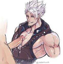 2boys after_orgasm bara chipp_zanuff clothed clothed_sex cum cum_on_chest faceless_male grin guilty_gear human human_only leather_jacket muscular outercourse paizuri pecjob pectorals penis toned toned_male white_hair yaoi