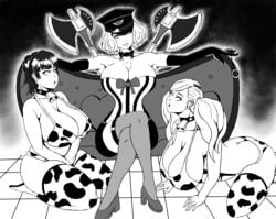 3girls ann_takamaki black_and_white breasts cow_girl cow_outfit female female_only femdom femsub foolycooly happy_trance haru_okumura large_breasts long_hair makoto_niijima monochrome multiple_girls multiple_subs open_mouth persona persona_5 short_hair sitting