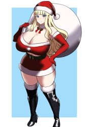 1girls bangs bare_thighs blonde_hair blue_eyes boots breasts charlotte_(fire_emblem) christmas christmas_outfit cleavage elbow_gloves female female_only fire_emblem fire_emblem_fates gloves hat holidays huge_breasts long_hair looking_at_viewer nintendo over_shoulder sack santa_hat skirt smile solo thick_thighs thighs very_long_hair wavy_hair zackshun