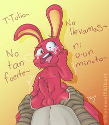 31_minutos belly black_eyes bunny crying fat_man grabbing_legs gradient_background juan_carlos_bodoque male male_only male_penetrating monkey red_penis red_skin spanish_text sweating sweaty tulio_triviño werewolf_albert yaoi yellow_background