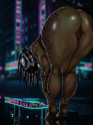 1girls alien alien_girl amandovakin anthro bending_over big_ass butt city curvy dreadlocks female female_only female_yautja mask predator predator_(franchise) pussy solo solo_female thick thick_thighs vagina voluptuous yautja