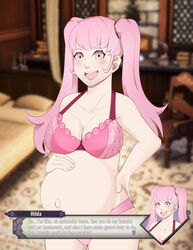 background bangs big_belly blush bra breasts claraspregs cleavage fire_emblem fire_emblem:_three_houses hilda_valentine_goneril large_breasts long_hair pink_bra pink_hair pregnant pregnant_belly shirtless text_box underwear underwear_only