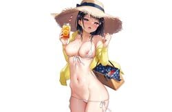 big_breasts bikini black_hair blush breasts cameltoe drink food fruit hat hoodie ichigo-chan_(mignon) mignon nipples orange_(fruit) original purple_eyes see_through short_hair strawberry swimsuit third-party_edit translation_request uncensored wet white