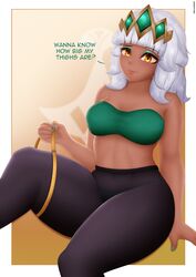 2020 absurd_res breasts confident crown dark-skinned_female dat_ass green_eyeshadow green_nails huge_ass huge_thighs league_of_legends looking_at_viewer makeup measuring measuring_tape midriff pink_lipstick qiyana_yunalai riot_games simple_background smile smug spiritof2281 talking_to_viewer text thick_thighs thong tiara translucent_clothing white_hair yellow_eyes yoga_pants