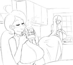 2girls bangs big_breasts black_and_white black_lipstick coffee_mug covered_eyes dark_makeup fingerless_gloves goth gothmom hair_over_eyes huge_breasts marauder6272 milf monochrome prepwife sketch text thick_thighs wide_hips wife