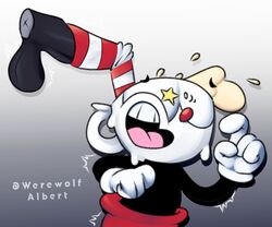 1boy artist_name black_balls black_body black_penis cry crying crying_with_eyes_open cup cuphead cuphead_(game) gradient_background male male_only nervous_face nervous_smile red_nose red_pants star_eye sweat sweating sweaty werewolf_albert what white_background white_gloves