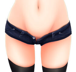 1girls 2012 close_up denim_shorts evandragon highres hip_focus hips legs legwear microshorts navel short_shorts thigh_gap unbuttoned_shorts white_background