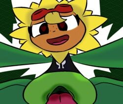 anthro black_shirt cunnilingus plants_vs_zombies:_heroes pov pussy red_goggles solar_flare_(pvz) sunflower tonguejob