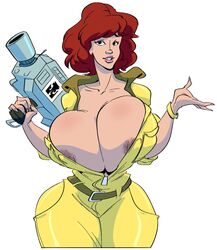 1girls alternate_breast_size april_o'neil april_o'neil_(tmnt_1987) areola areola_slip areolae belt big_breasts bursting_breasts casual cleavage curvaceous curvy curvy_body curvy_female curvy_figure deep_cleavage electronics female huge_breasts human large_breasts massive_breasts nipple_slip nipples pale_skin red_hair short_hair slb teenage_mutant_ninja_turtles thick_thighs thighs tight_clothing tmnt tmnt_1987 wide_hips wristwear