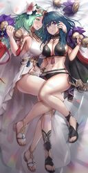 abs accessory bikini bikini_top black_swimsuit blue_eyes byleth_(fire_emblem) byleth_(fire_emblem)_(female) byleth_(fire_emblem)_(female)_(summer) cape cleavage dress female female_only fire_emblem fire_emblem:_three_houses fire_emblem_heroes flower flower_in_hair gonzarez green_eyes green_hair headwear hips large_breasts nintendo rhea_(fire_emblem) rhea_(summer)_(fire_emblem) rhealeth sandals simple_background smile swimsuit teal_hair thighs tiara water wet wet_clothes wet_skin white_background white_swimsuit