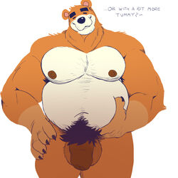 1:1 2020 animal_crossing anthro balls barazoku belly brown_body brown_nipples closed_eyes dialogue english_text flaccid genitals ghoskee hand_on_stomach hi_res humanoid_genitalia humanoid_penis male male_only mammal moobs musclegut muscular muscular_anthro muscular_male navel nintendo nipples overweight overweight_male pecs penis simple_background solo standing talking_to_viewer teddy_(animal_crossing) text ursid video_games white_background