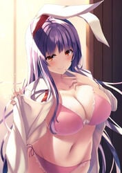 animal_ears blush bra breasts bunny_ears cleavage large_breasts liya looking_at_viewer navel no_pants open_clothes open_shirt panties pink_panties purple_hair red_eyes reisen_udongein_inaba side-tie_panties standing tagme touhou