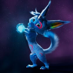 1:1 3d animal_genitalia anthro balls blue_body blue_flesh blue_fur canid canine fennec fox fully_sheathed fur genitals hi_res holding_object horn kitsunal_(character) magic male mammal multicolored_body multicolored_fur open_mouth rainbow_body rainbow_fur scimunk sheath solo star_background