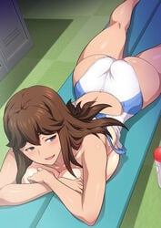 1girls ass big_breasts blue_eyes blush breast_press breasts brown_hair bunnywalker crossed_arms female_only floor from_above hair_between_eyes highres huge_breasts indoors jk_fuuzoku_gakuensai joy_ride legs legs_apart long_hair looking_back lying official_art on_stomach open_mouth original screencap smile solo swimsuit t-rex_(animation_studio) tan tanline thighs topless