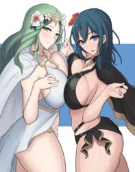 2girls ass big_breasts black_bikini black_swimsuit blue_eyes blue_hair breasts byleth_(fire_emblem) byleth_(fire_emblem)_(female) byleth_(fire_emblem)_(female)_(summer) cape female_only fire_emblem fire_emblem:_three_houses fire_emblem_heroes green_eyes green_hair huge_breasts large_breasts long_hair multiple_girls nintendo ogura_(take-monhan) rhea_(fire_emblem) rhea_(summer)_(fire_emblem) rhealeth swimsuit symmetrical_docking teal_hair white_bikini white_swimsuit yukkurikokura yuri