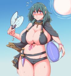 1girls beach_ball big_breasts blush breasts byleth_(fire_emblem) byleth_(fire_emblem)_(female) cleavage fanning fanning_face fanning_self female female_only fire_emblem fire_emblem:_three_houses huge_breasts kittenboogers large_breasts nintendo solo solo_female sweat teal_hair