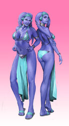 2girls aj_pratt alien ass belly_dancer bikini blue_lips bra clothed clothing cyan_bra cyan_clothing cyan_footwear cyan_loincloth cyan_shoes earmuffs female female_only footwear harem_outfit headwear large_breasts loincloth looking_at_viewer multiple_subs navel only original_character pink_background purple_skin sandals shoes sibling siblings simple_background sister sister_slaves sisters slave slave_bikini standing star_wars stomach twi'lek violet_eyes