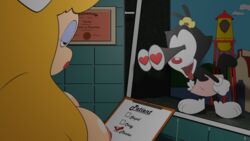 2girls animaniacs bimbo blonde_hair breasts dot_warner excited eye_bulge eyeshadow heart-shaped_pupils hello_nurse heloise_nerz huhnill huhnill_pics lipstick makeup multiple_girls nipples nurse staring_at_breasts tongue_out warner_brothers yuri