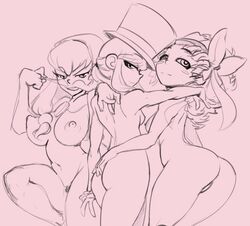 3girls a_hat_in_time aged_up ass bard-bot bow_adult bow_kid breast_size_difference breasts female female_only hat hat_adult hat_kid large_breasts looking_at_viewer looking_back monochrome multiple_girls mustache mustache_adult mustache_girl nipples nude older simple_background sketch